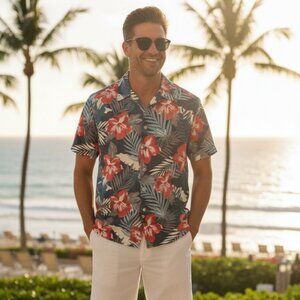 NWT Margaritaville Men’s Hawaiian Shirt | Red Hibiscus & Blue Leaf Print L